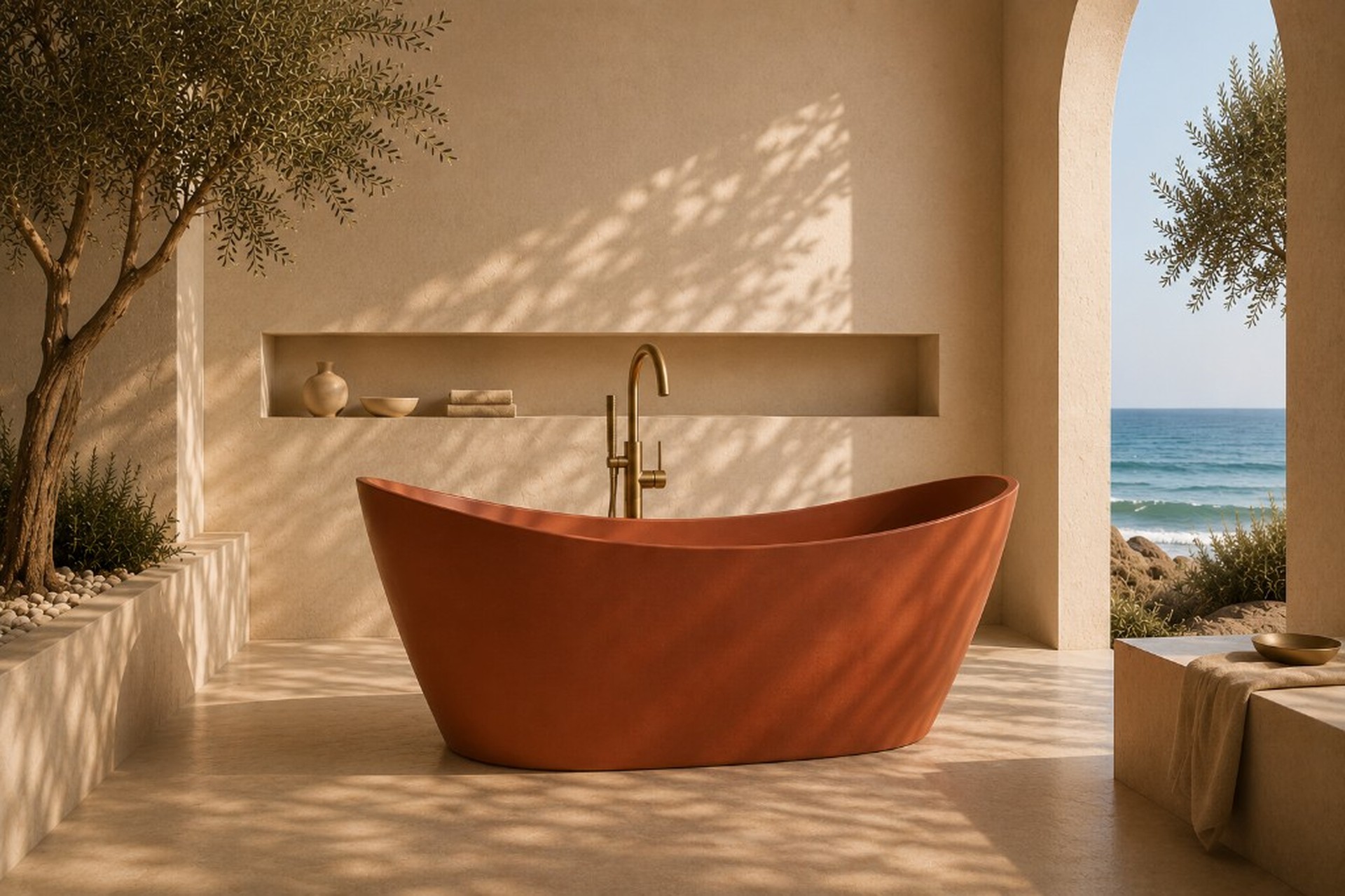 Baño mediterráneo con bañera bajo un arco de luz cálida.